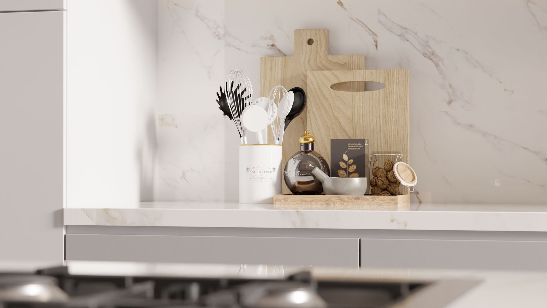 Modern kitchen countertop with utensils and decor, showcasing minimalist style in Buncombe County, NC